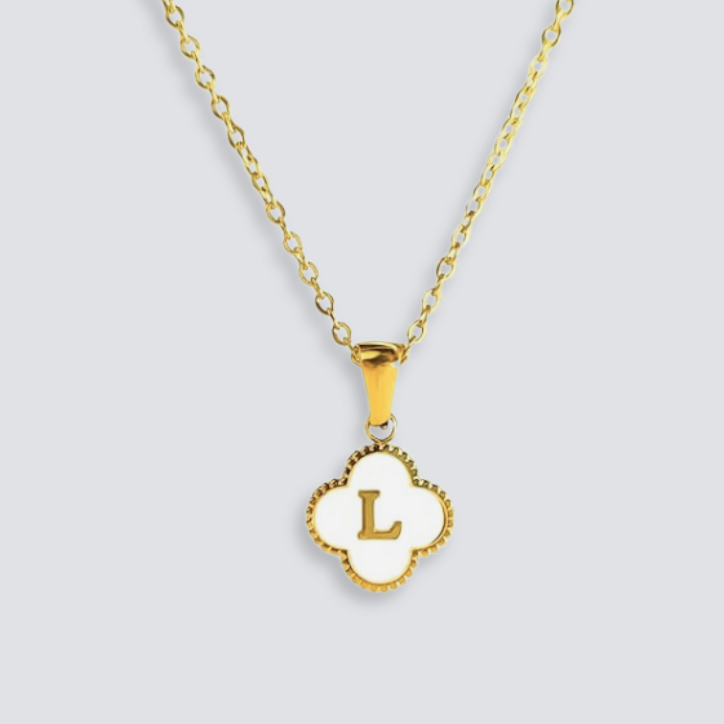 14K GOLD & WHITE PEARL CLOVER LETTER NECKLACE