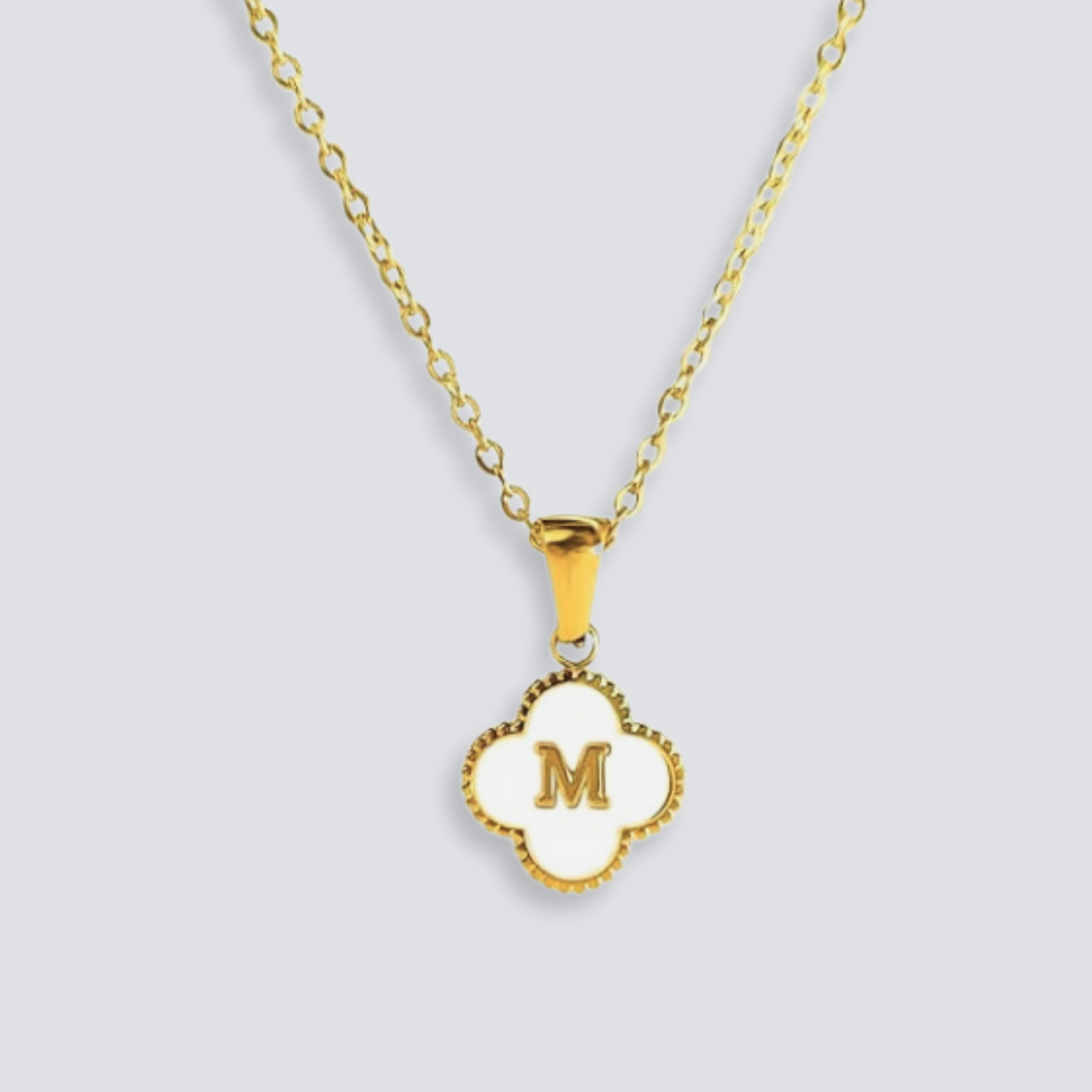 14K GOLD & WHITE PEARL CLOVER LETTER NECKLACE