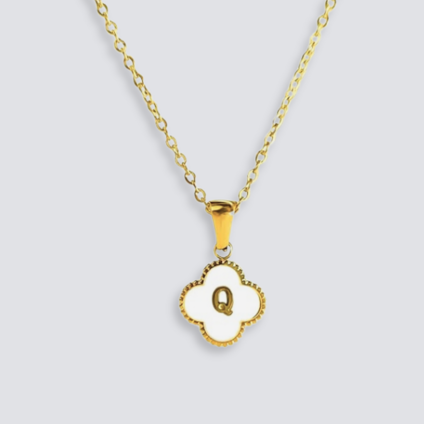 14K GOLD & WHITE PEARL CLOVER LETTER NECKLACE