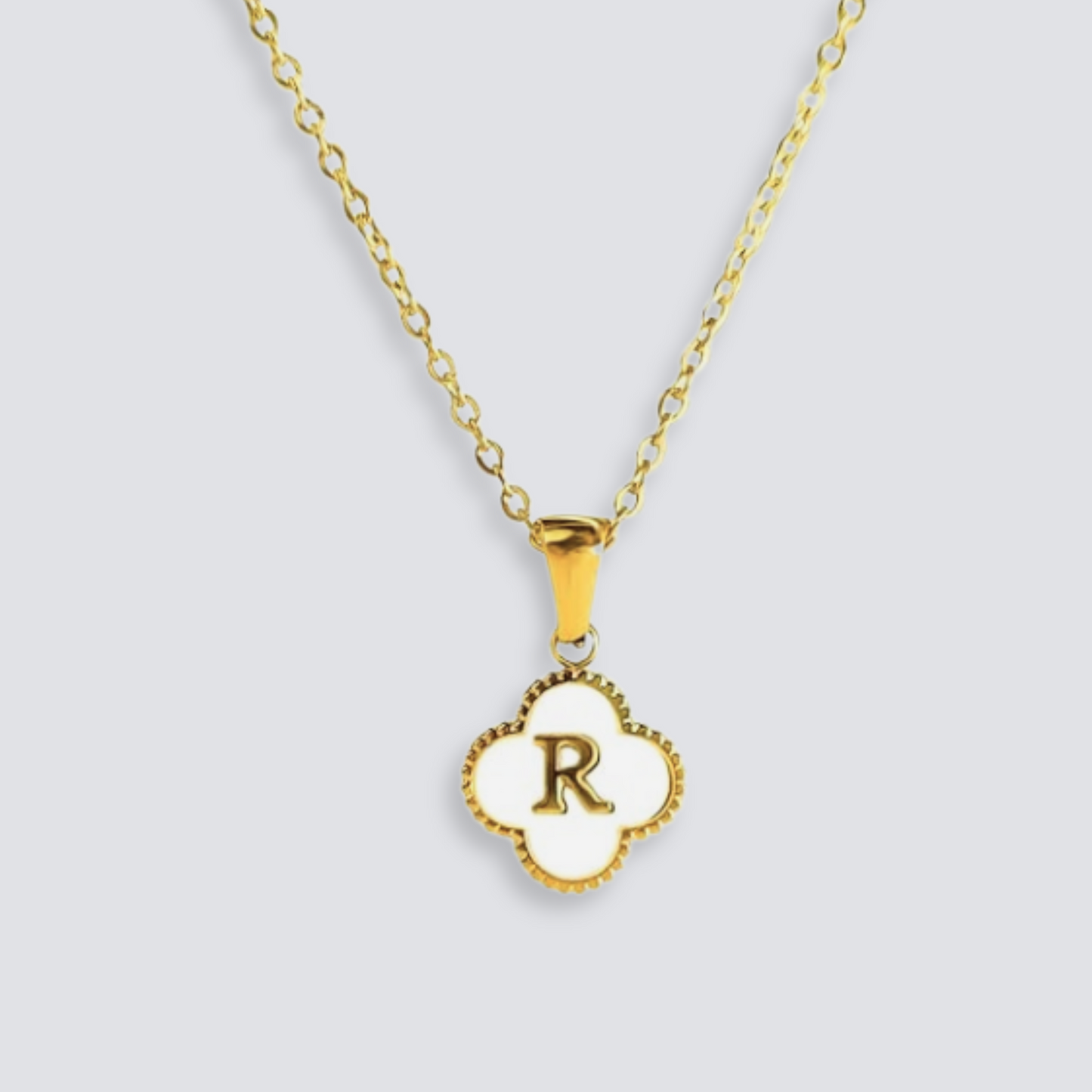 14K GOLD & WHITE PEARL CLOVER LETTER NECKLACE