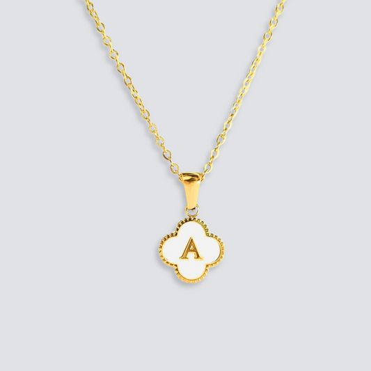 14K GOLD & WHITE PEARL CLOVER LETTER NECKLACE