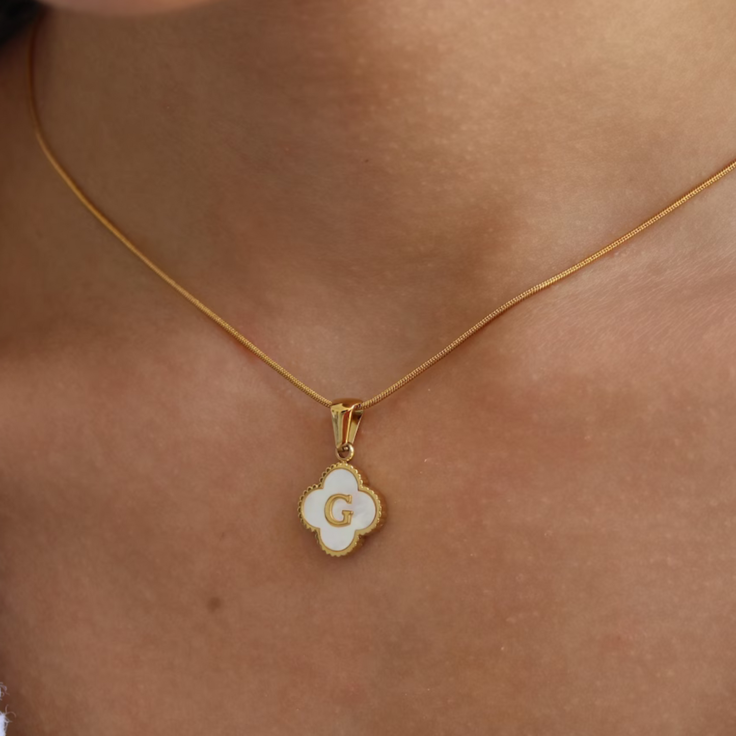 14K GOLD & WHITE PEARL CLOVER LETTER NECKLACE