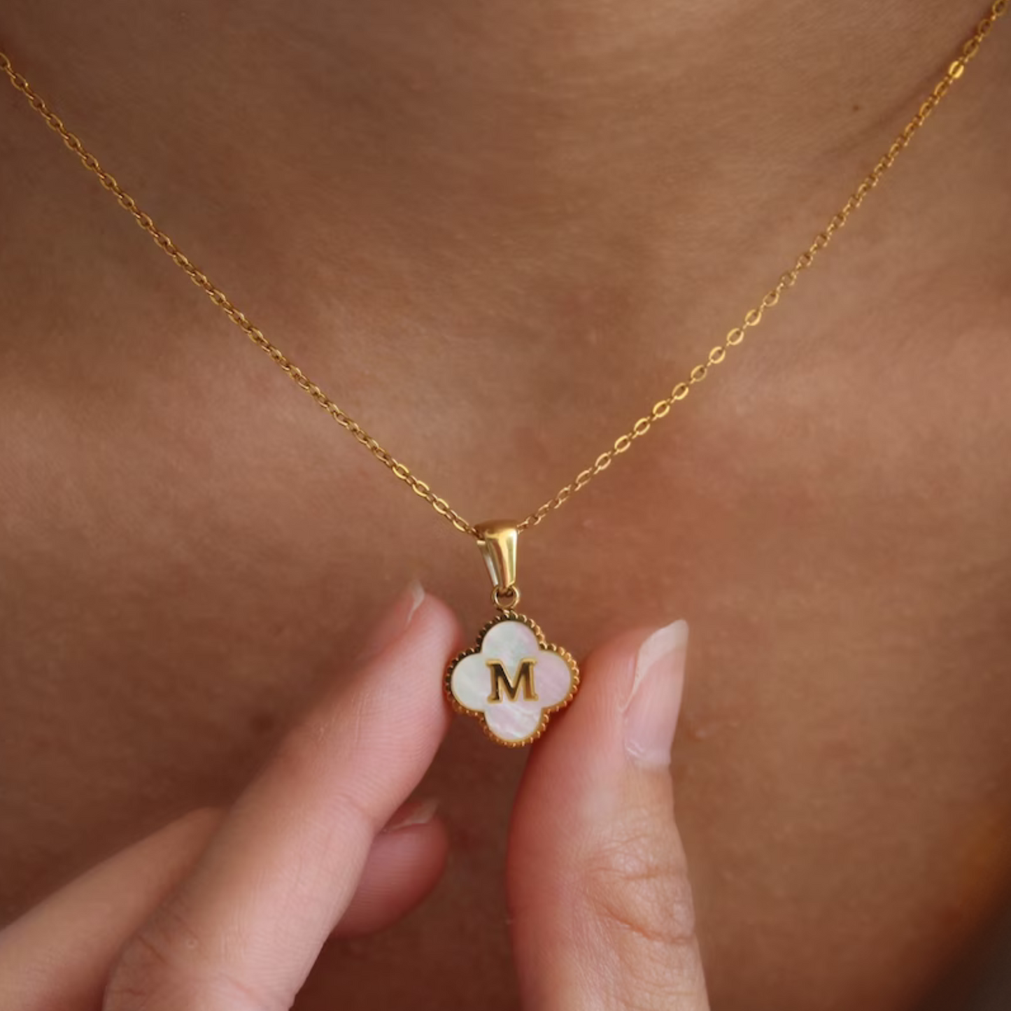 14K GOLD & WHITE PEARL CLOVER LETTER NECKLACE