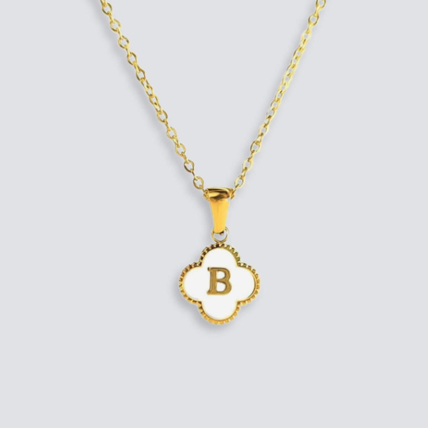 14K GOLD & WHITE PEARL CLOVER LETTER NECKLACE