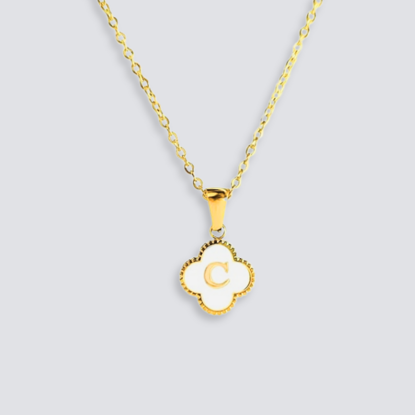 14K GOLD & WHITE PEARL CLOVER LETTER NECKLACE