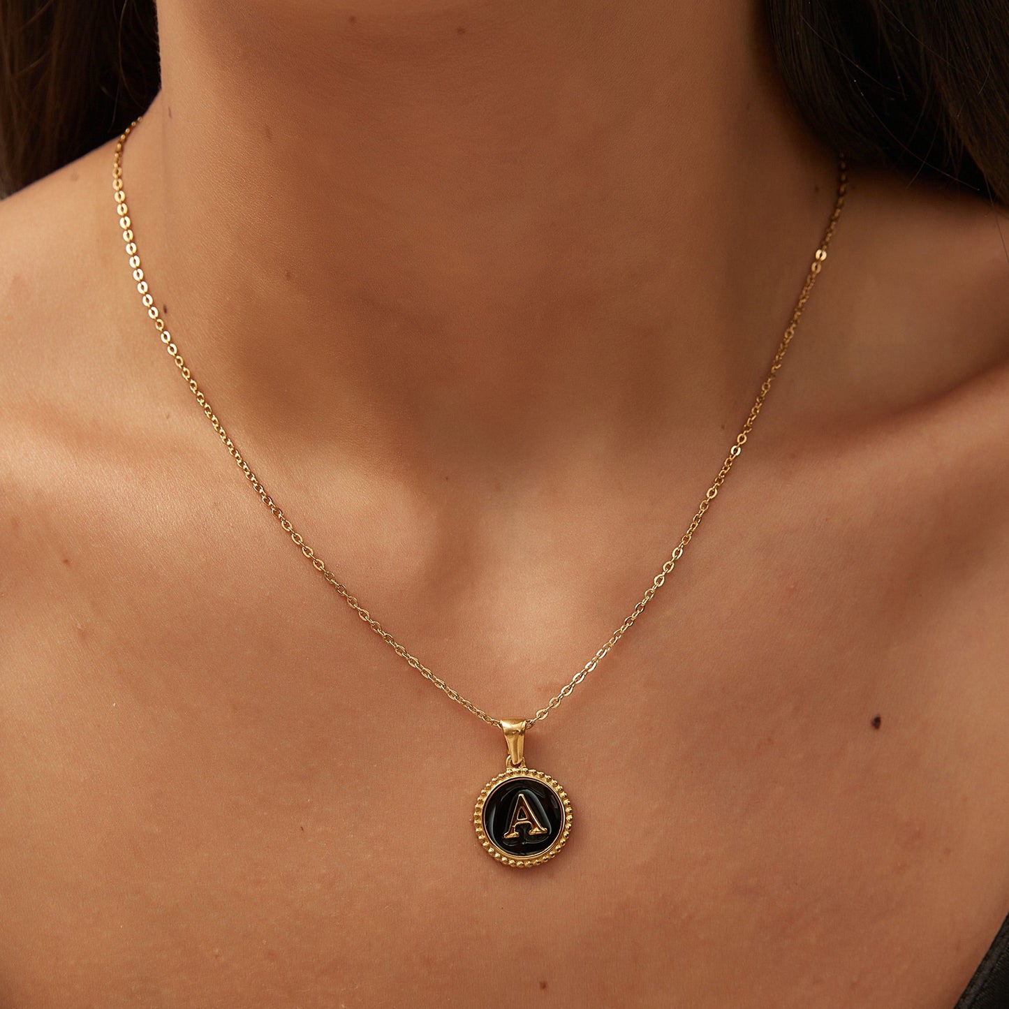 14K GOLD & BLACK ONYX LETTER NECKLACE