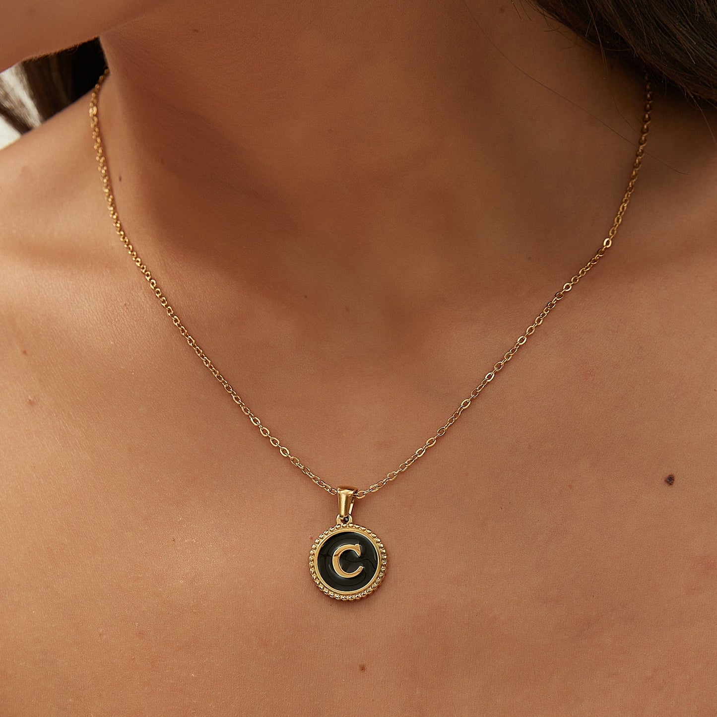 14K GOLD & BLACK ONYX LETTER NECKLACE