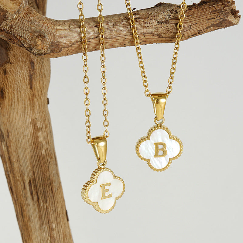 14K GOLD & WHITE PEARL CLOVER LETTER NECKLACE