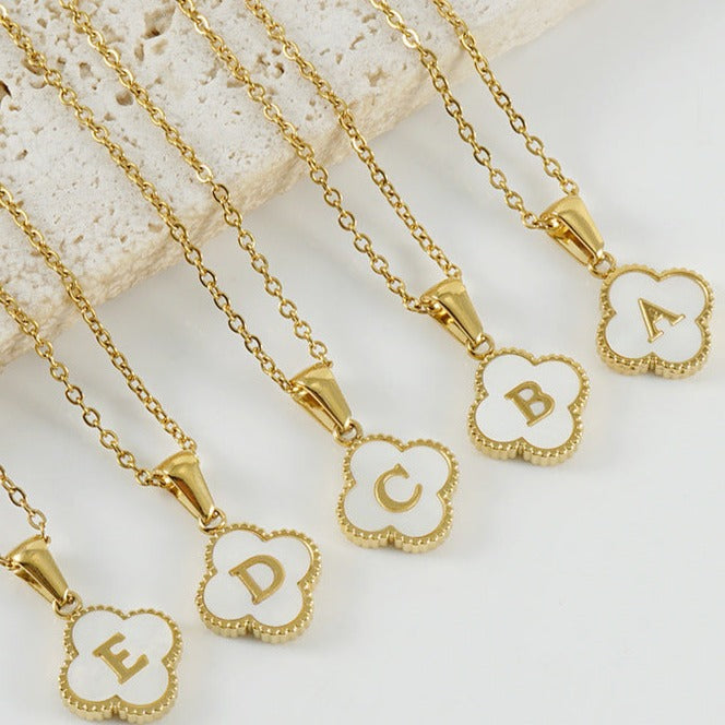 14K GOLD & WHITE PEARL CLOVER LETTER NECKLACE