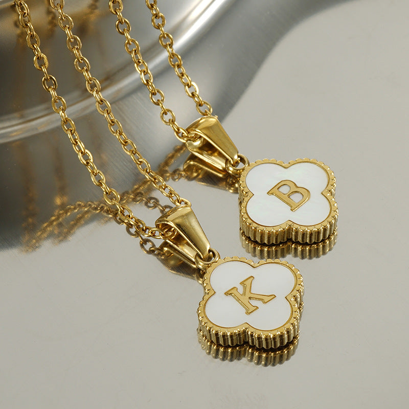 14K GOLD & WHITE PEARL CLOVER LETTER NECKLACE