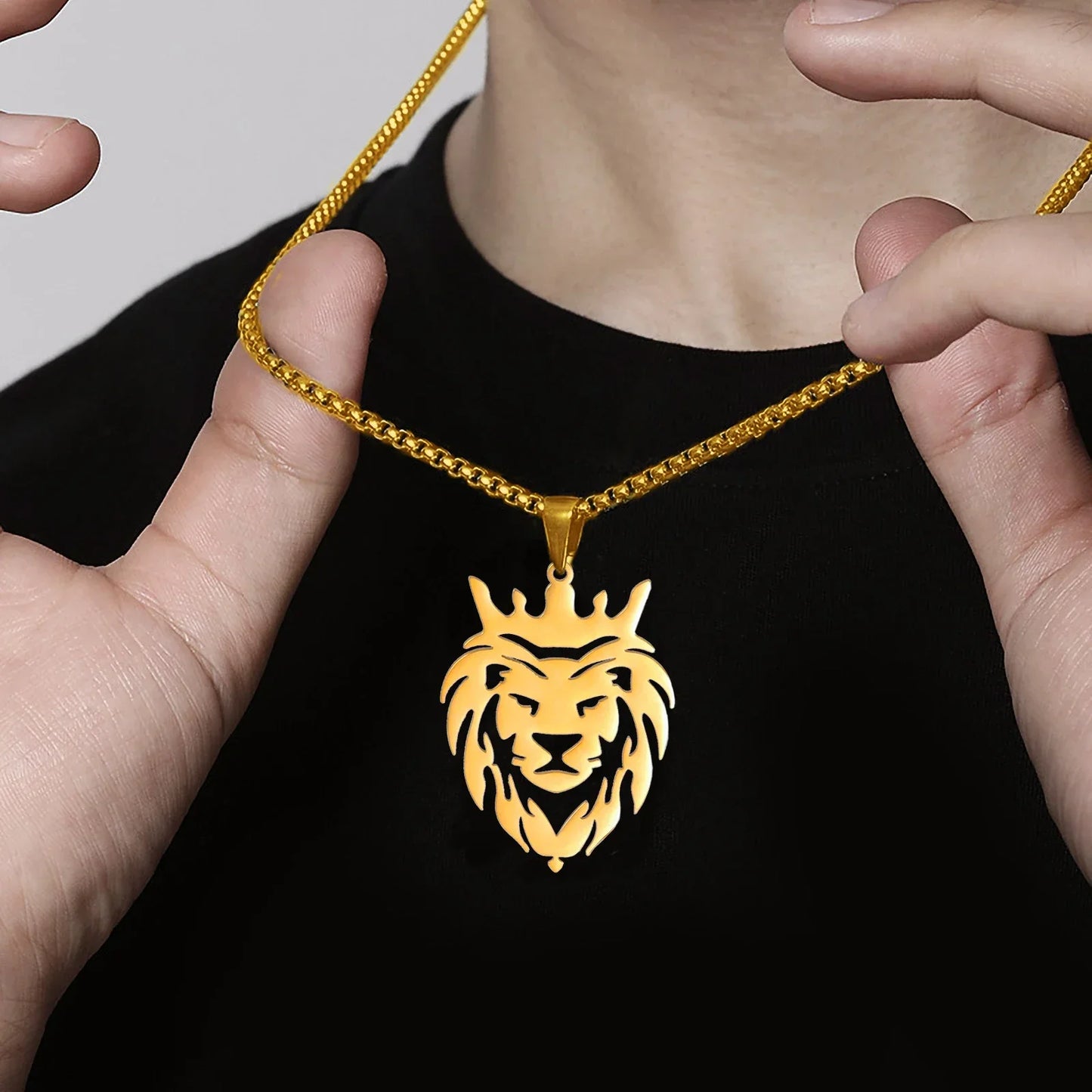 Lion with King Crown Necklaces for Men Boys