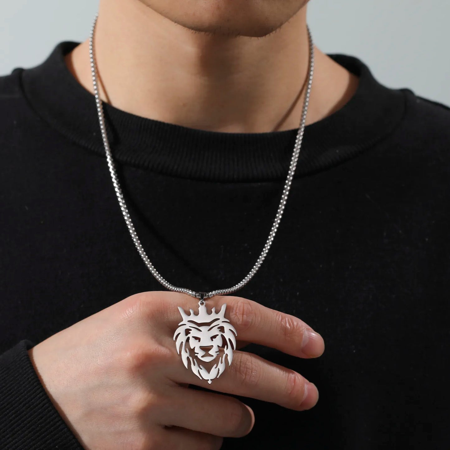 Lion with King Crown Necklaces for Men Boys